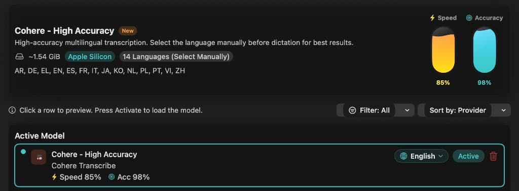 FluidVoice with Cohere High Accuracy selected as the active voice model